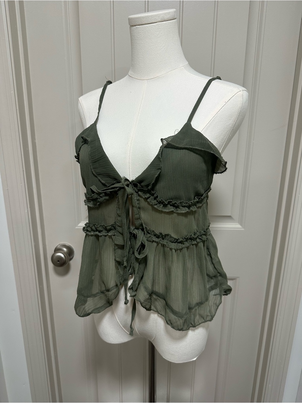 Ruffle Tie-Front Sheer Cami in Olive Green
